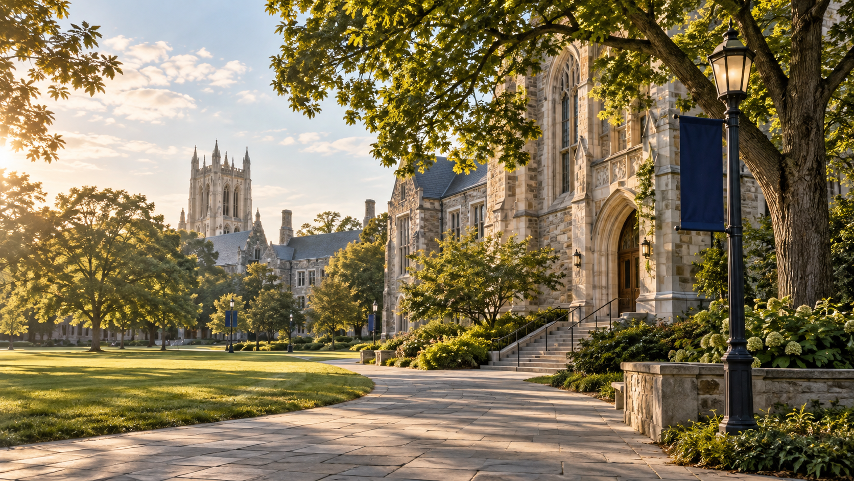Sunlit university campus with gothic buildings and trees